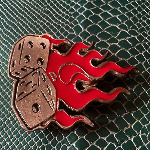 Red Flaming Lucky 7 Dice Belt Buckle ~ VINTAGE - Picture 1 of 3